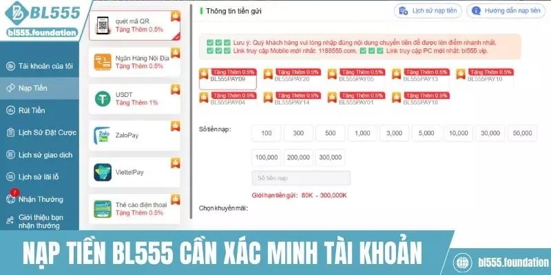 Nạp tiền BL555 yêu cầu tài khoản phải được xác minh